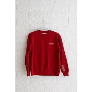 Red Crewneck Sweatshirt “We’re Not Really Strangers” Quote Sleeve Print Pullover